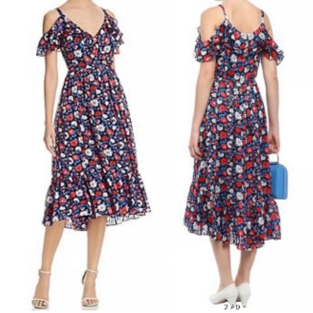 Kate Spade Cold Shoulder Navy Daisy Print Silk Midi Dress NWOT